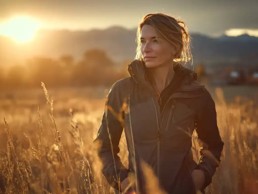 Confident midlife woman walking in a Colorado field at sunset after hormone replacement therapy in Littleton CO