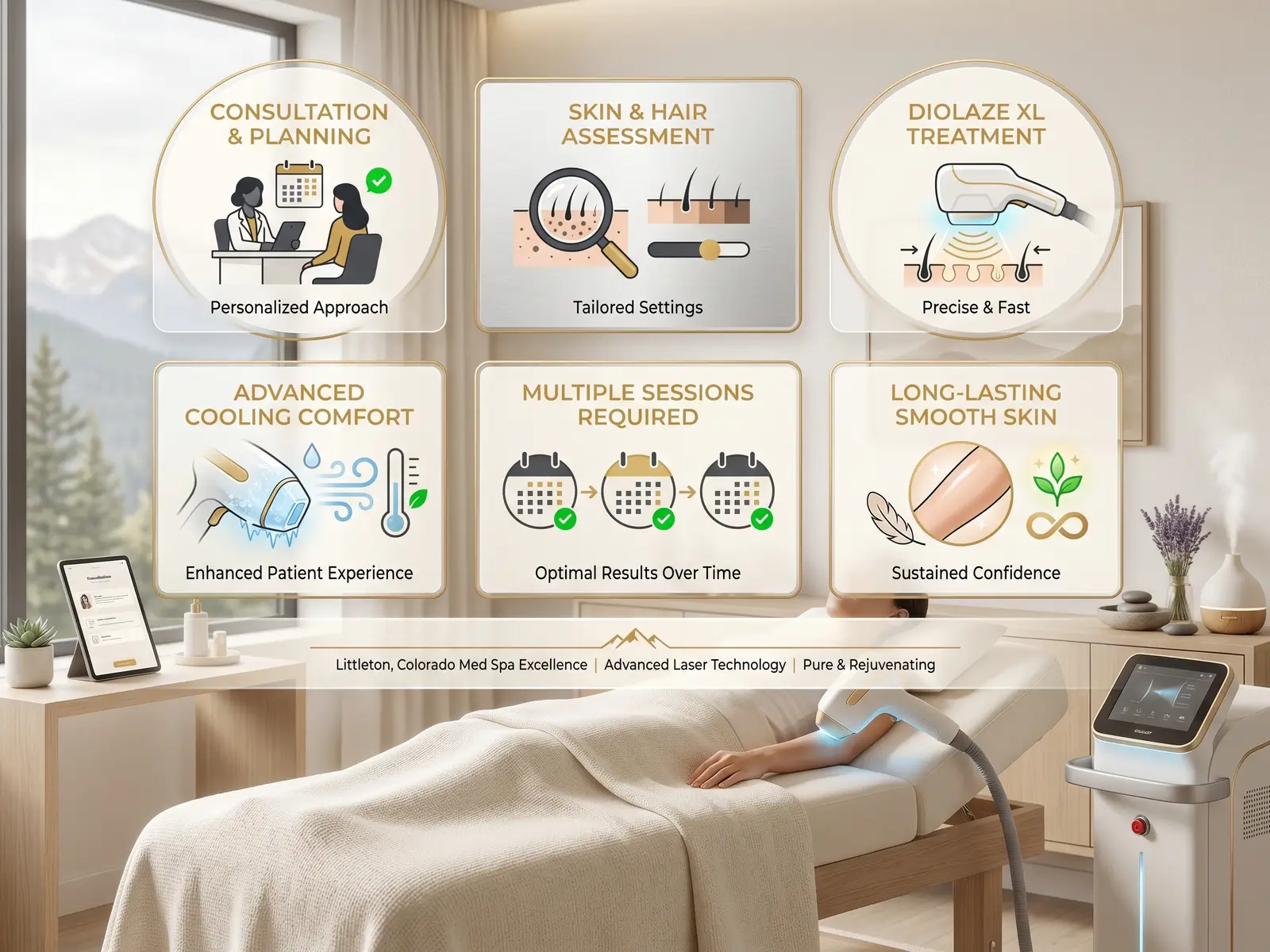 Clinical infographic showing the laser hair removal process in Littleton, including consultation, treatment planning, cooling comfort, multiple sessions, and long-term hair reduction.