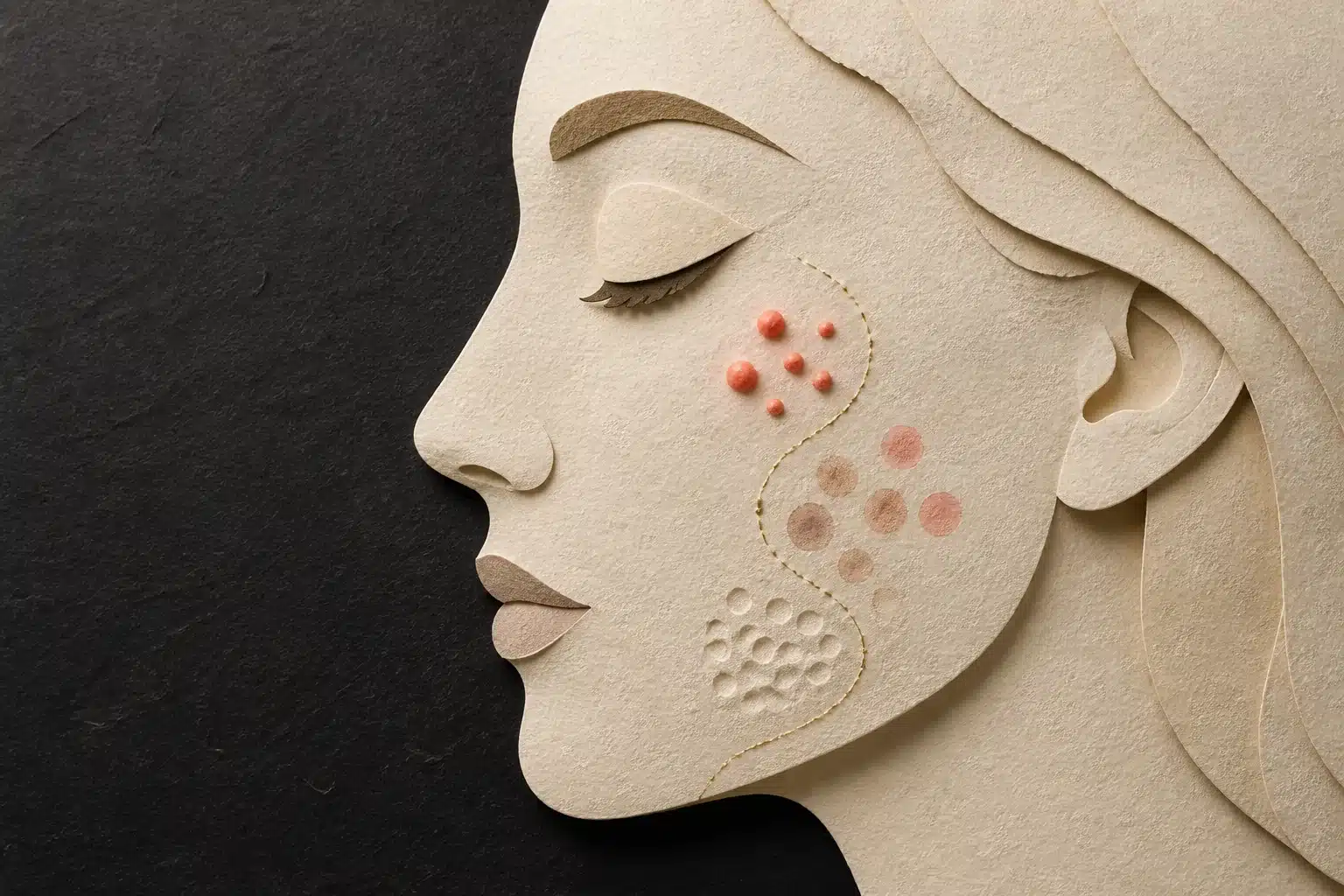 Layered cream paper profile with raised coral dots, flat brown marks, and embossed cheek indentations on black.