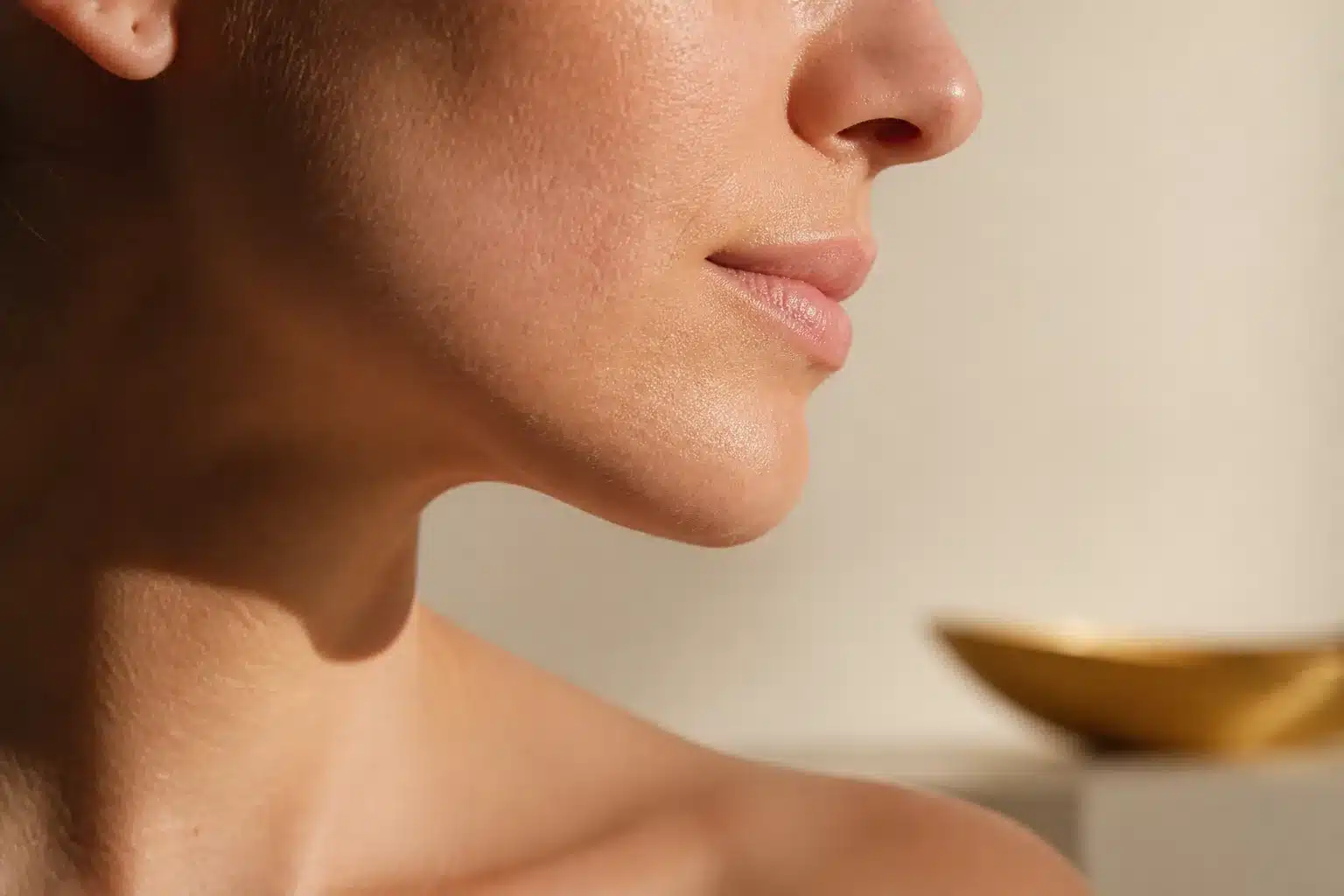 Close side view of a woman's cheek, jawline, and neck with natural skin texture in warm studio light.