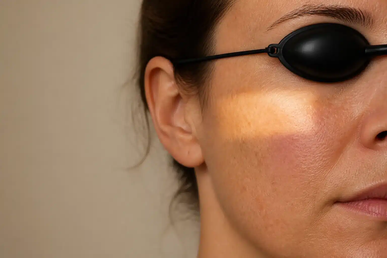 Cropped view of a woman wearing opaque eye protection with freckles, mild cheek redness, and a band of warm light
